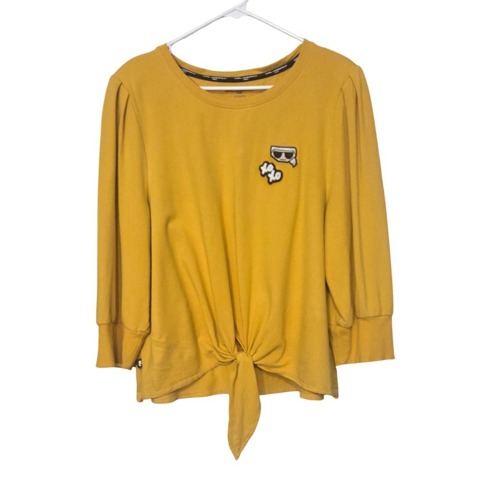 Karl Lagerfeld Paris Women's Mustard Yellow Playful XOXO Patch Tie Front Top XL